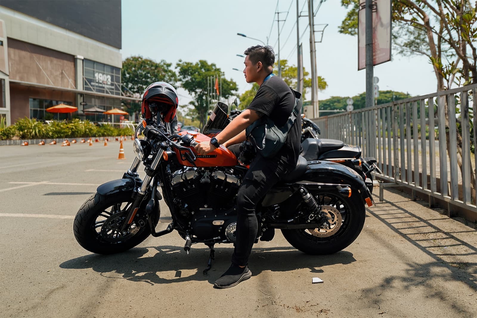 Nam Hi on a Harley-Davidson shoot